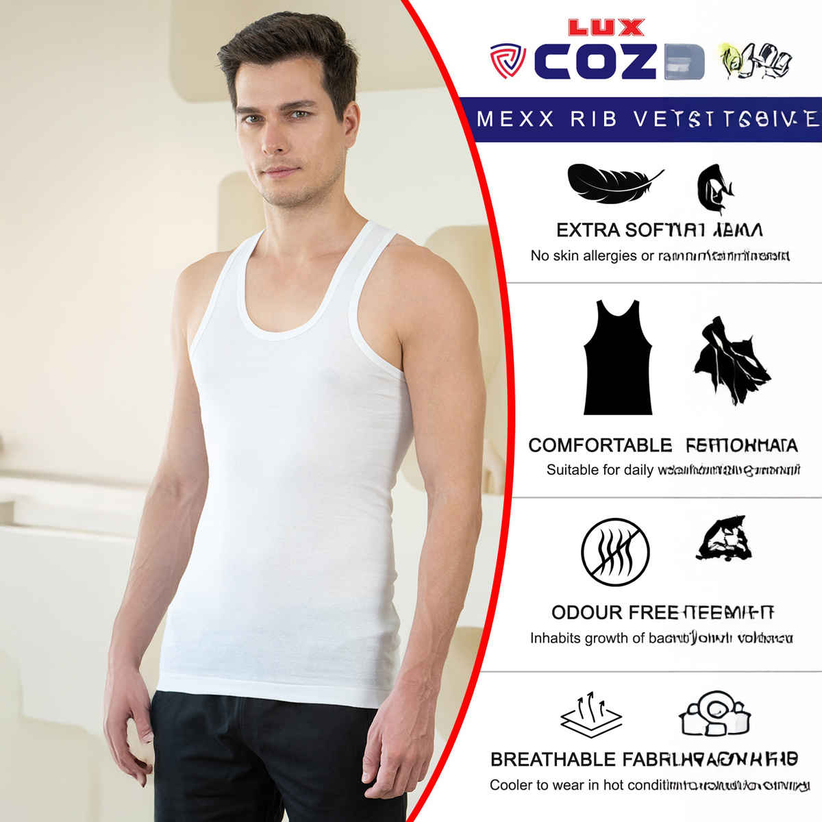 Lux Cozi Maxx Pure Cotton Round Neck Ribbed Vest | White | XXL | Pack Of 3