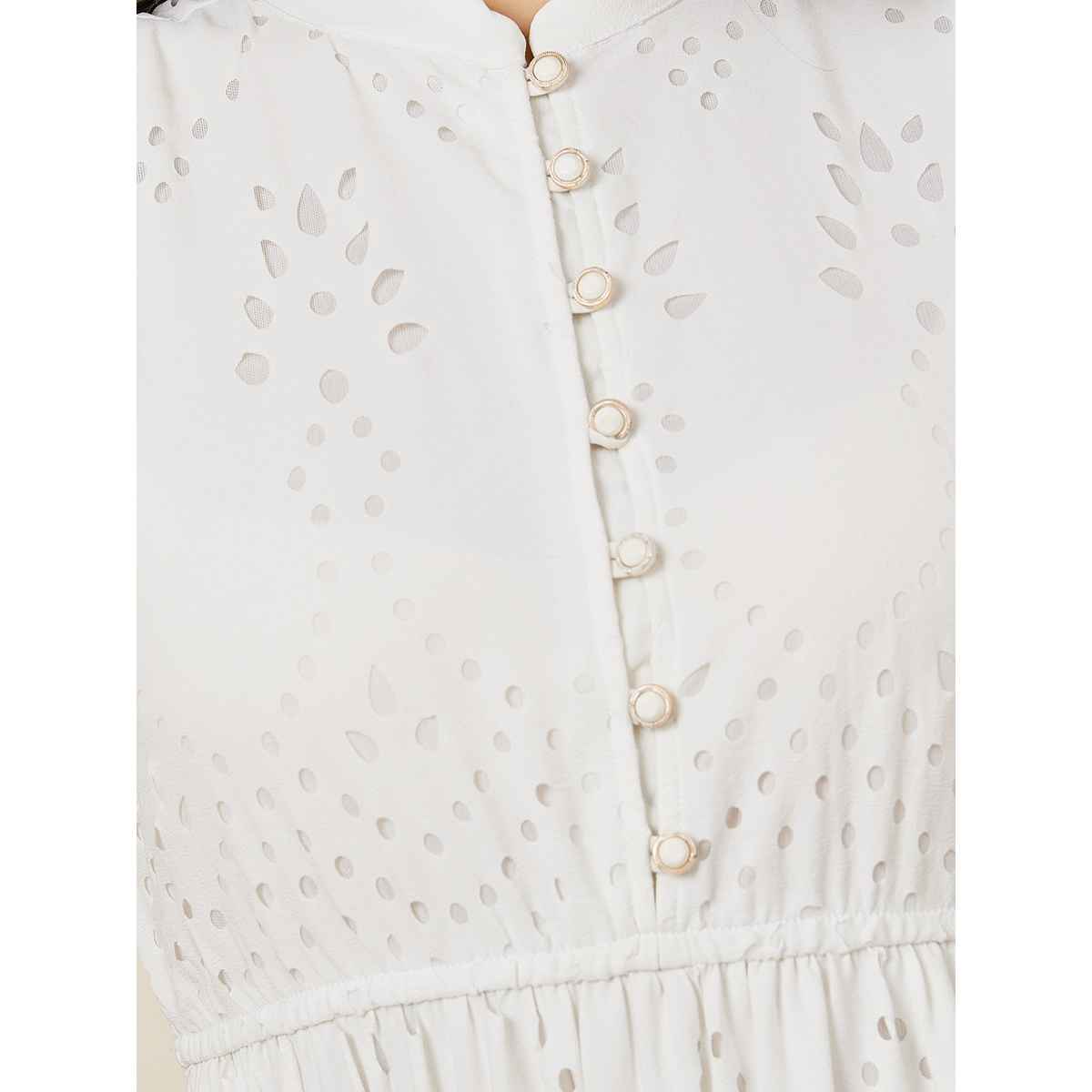 Styli Women's Tiered Midi Dress with Collared Neck and Self Design | Off White - S