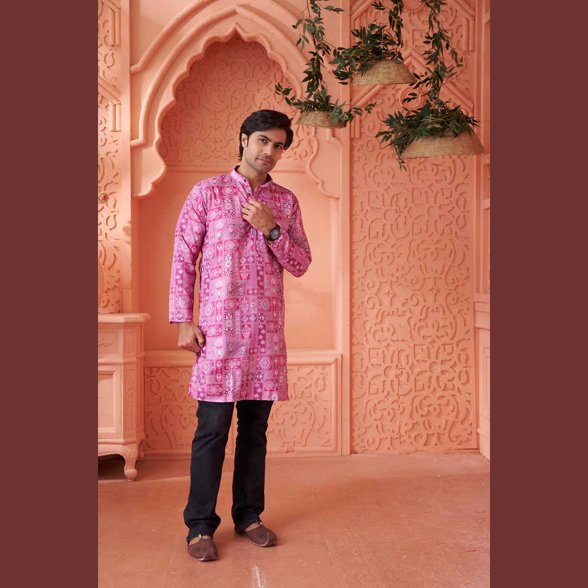 House Of Festivals Men's Printed Cotton Blend Long Kurta | Purple - XL