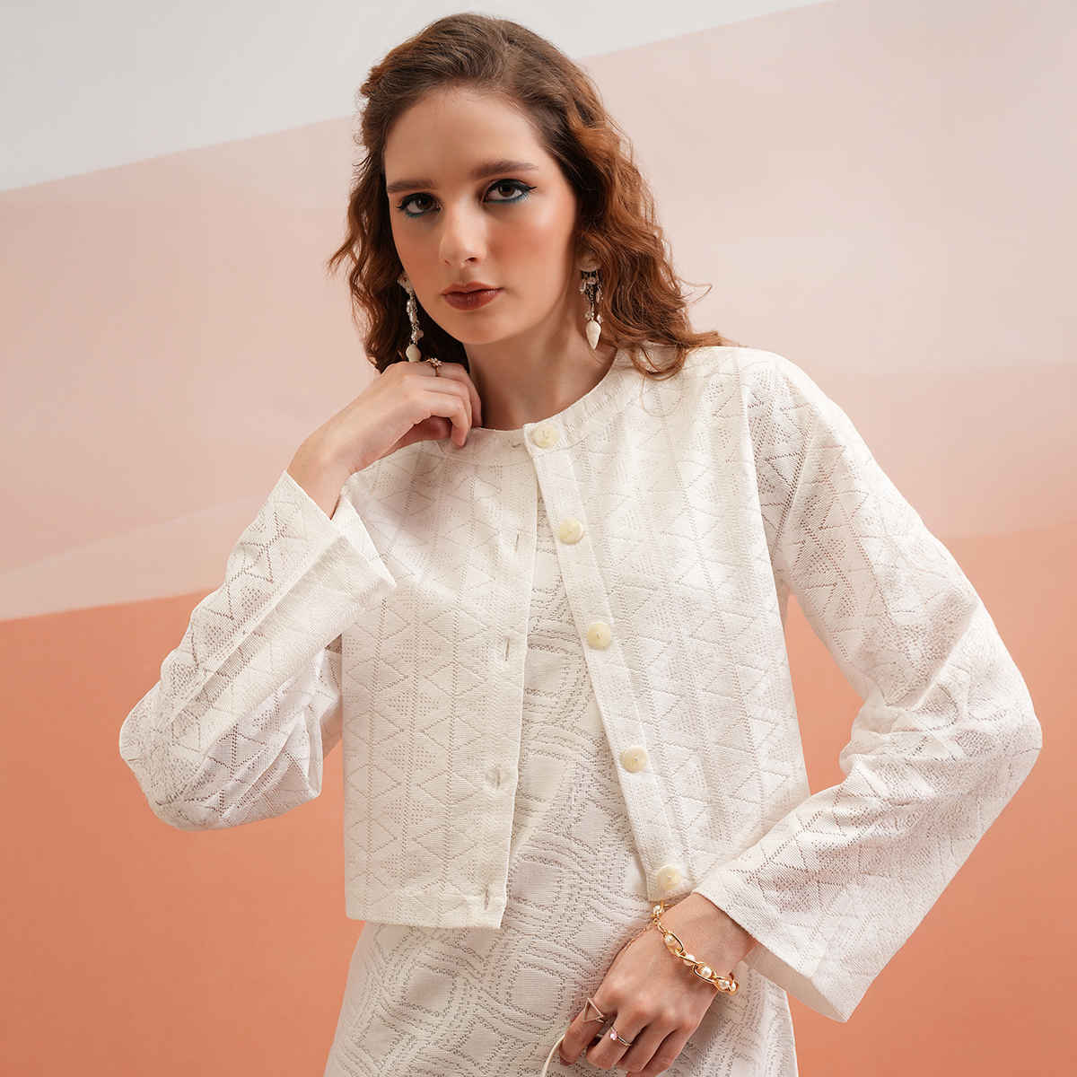Tokyo Talkies Women's Self Design Regular Shirt Style Top | White - L
