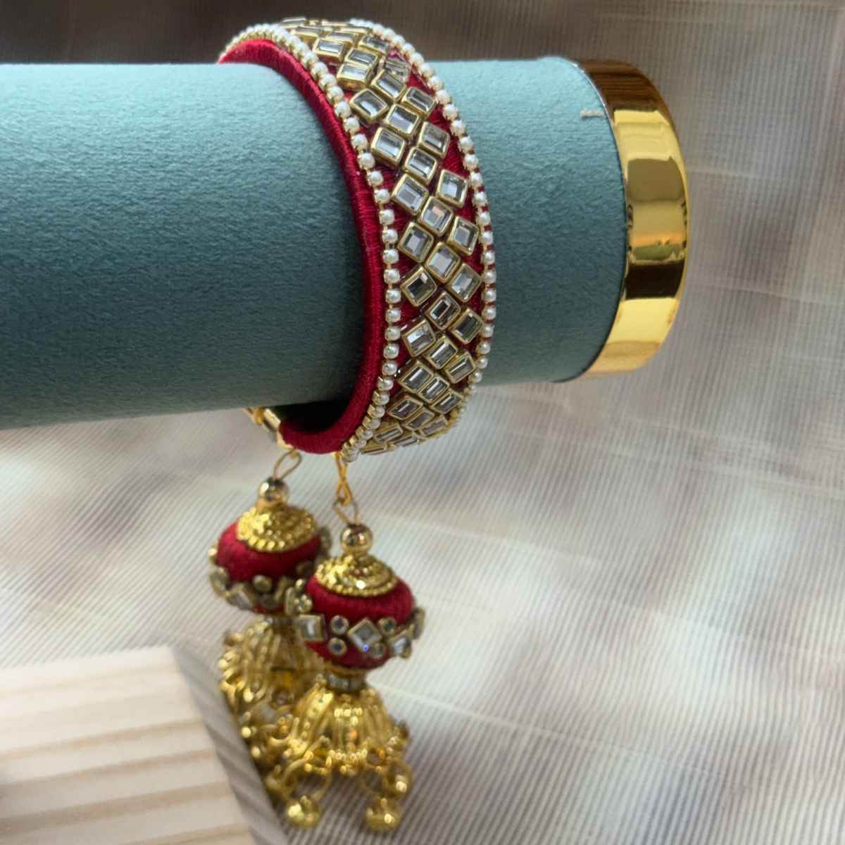 The Opal Factory Kundan Silk Thread Flexible Size Bangle | Jhumki Latkan | Red - Flexible