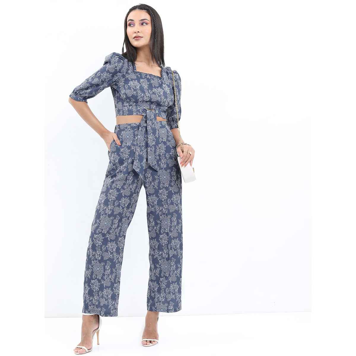 Ketch Women Floral Printed Crop Kaftan Top and Trouser Co-ords | Blue | M