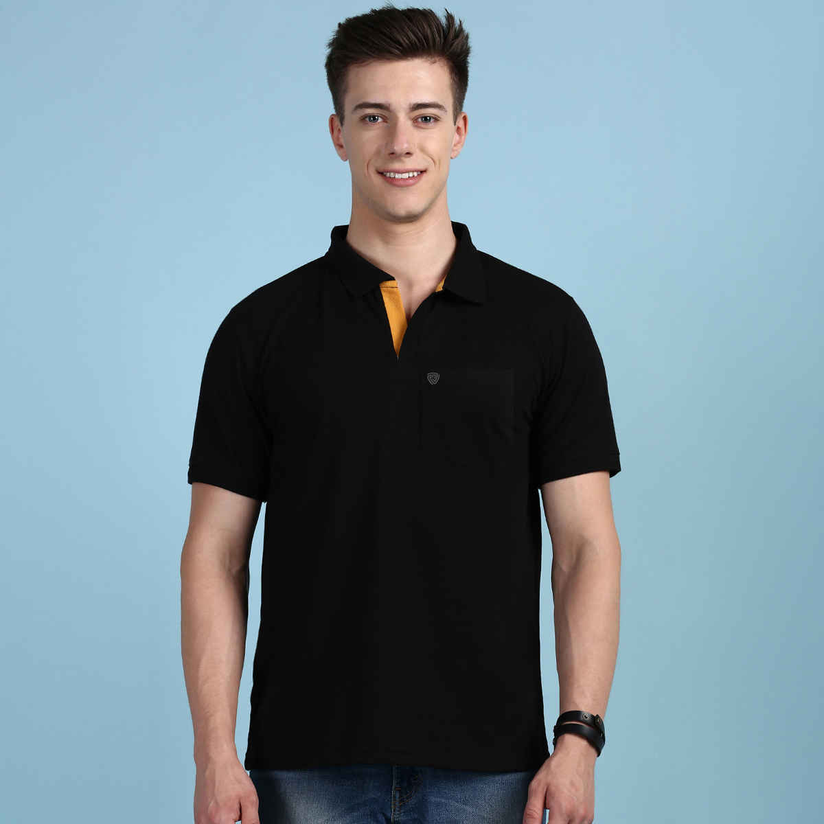 Lux Cozi Men's Solid Cotton Polo T-shirt with Pocket | Black - XL