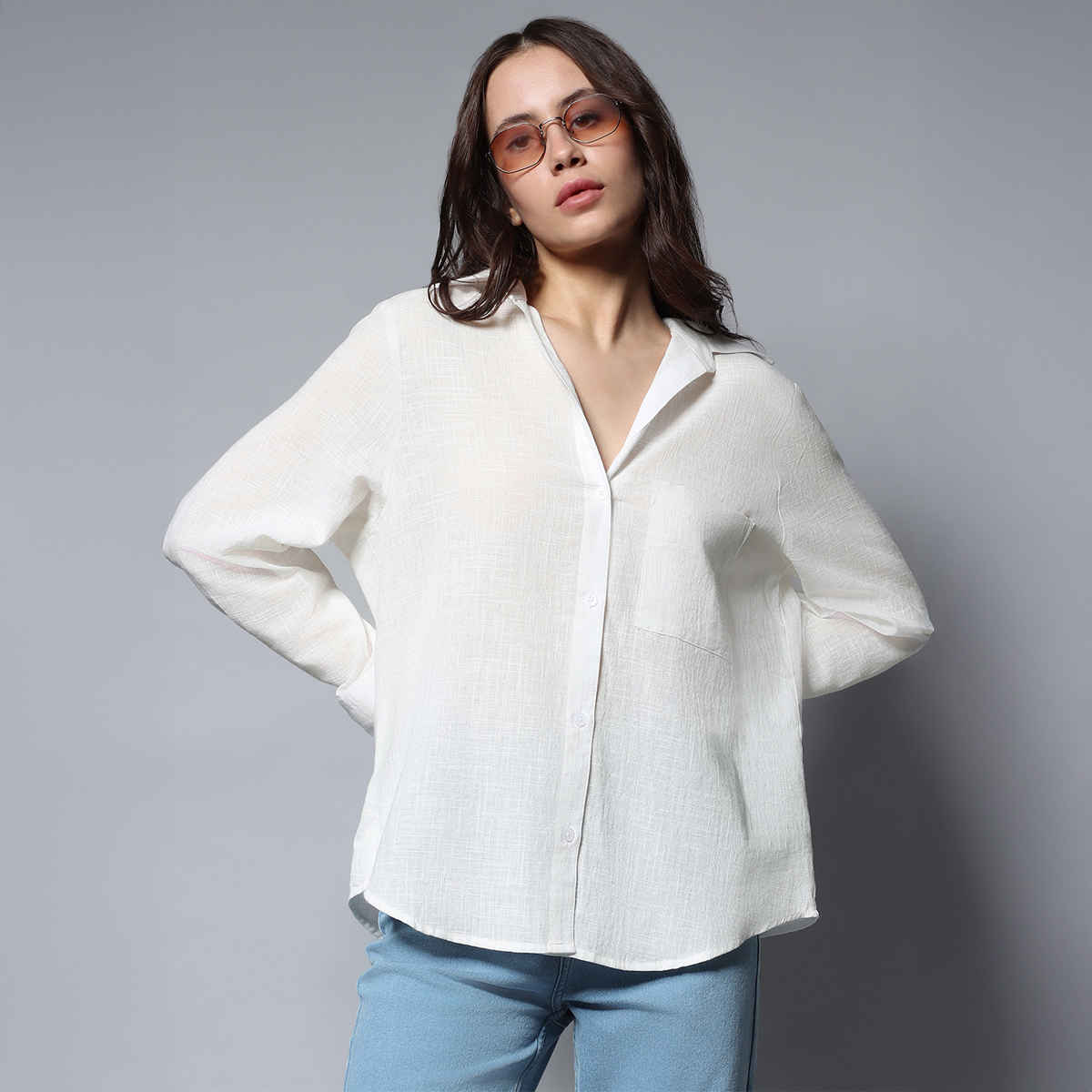 High Star Women's Solid Long Sleeves Oversized Casual Shirt | White - L