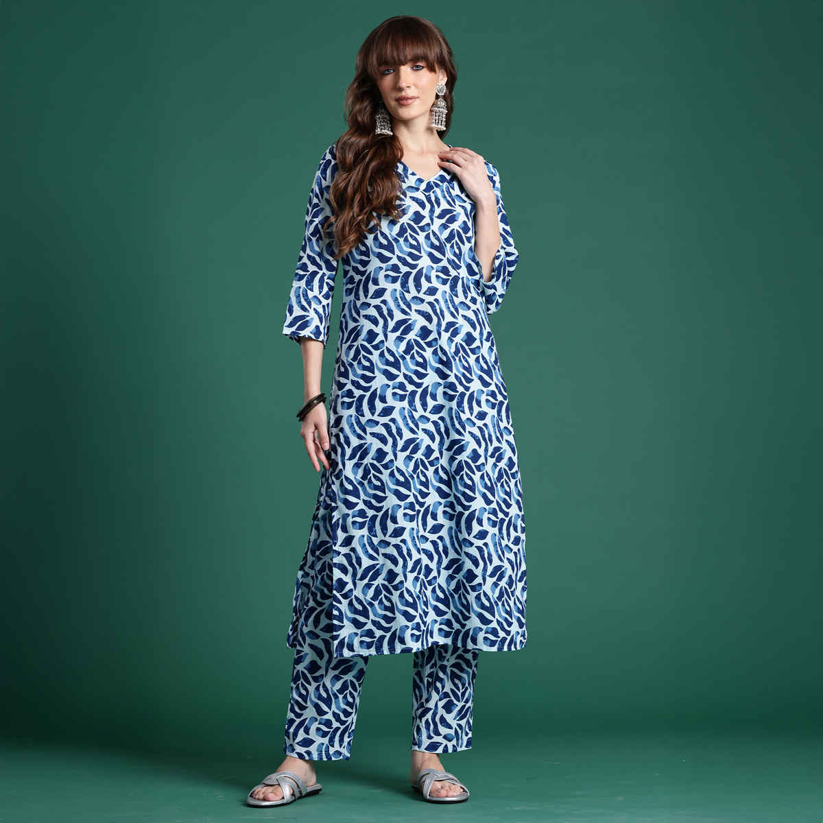 INDO ERA Women's Printed Straight Kurta Trouser Set | Blue - S