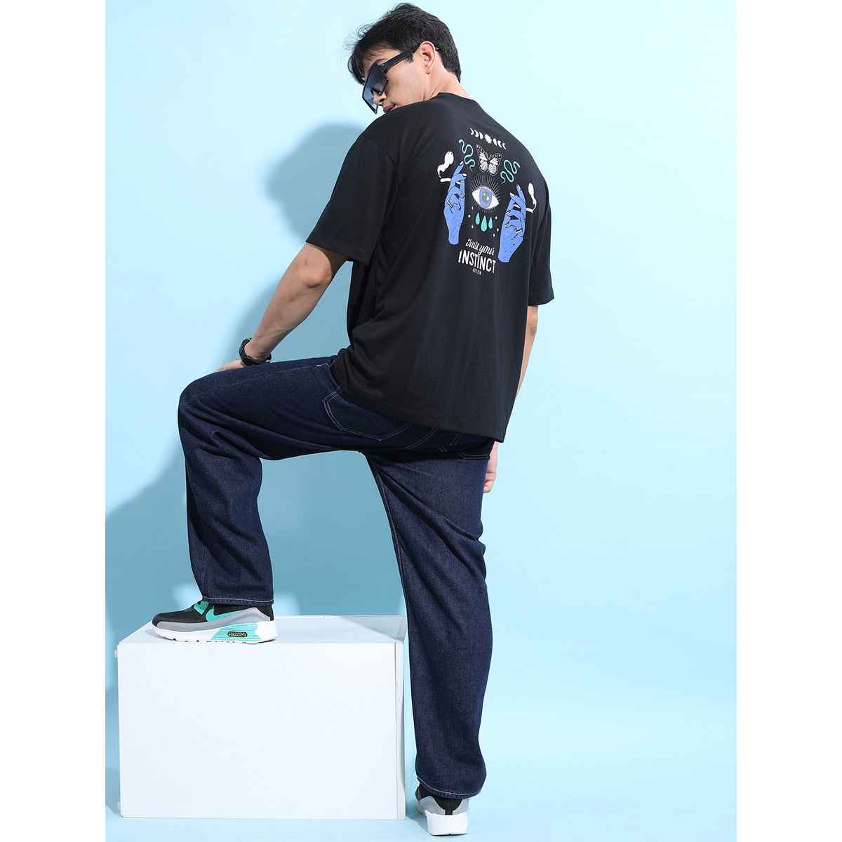 Ketch Men Graphic Printed Drop Shoulder Sleeves Oversized Fit T-Shirt | Black | L