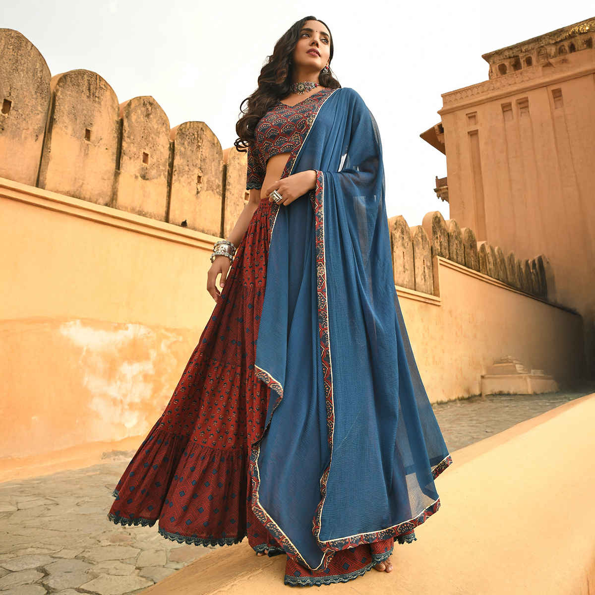 Janasya Women's Cotton Block Print Lehenga Choli with Dupatta | J0484 | Maroon - 2XL