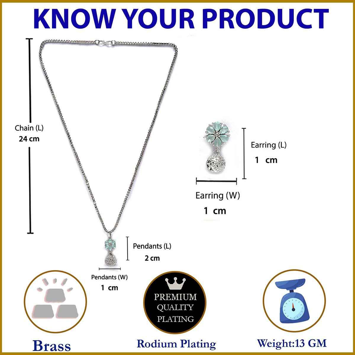 Zeneme Rhodium-Plated Sea Green CZ-AD Floral Cute Pendant Earrings Jewellery Set For Women & Girl