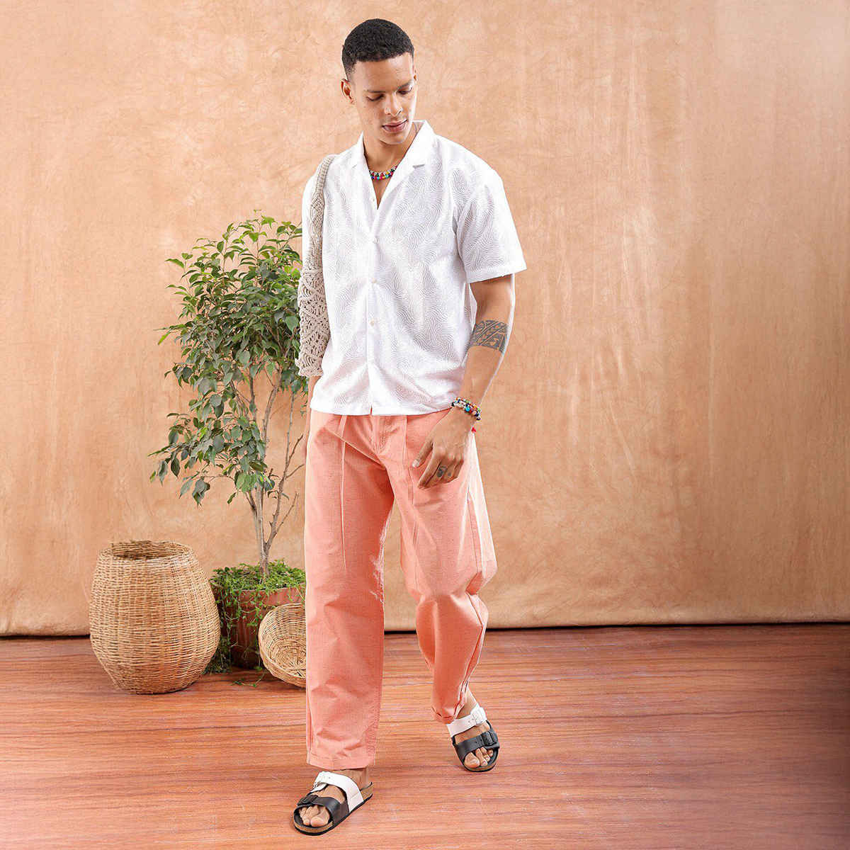 The Indian Garage Co Men's Relaxed Fit Solid Resort Half Sleeve Shirt | White - XL
