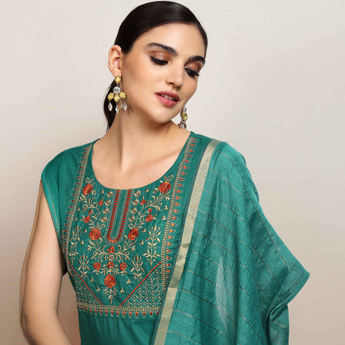 Vishudh Women's Embroidered Straight Kurta With Pants And Dupatta | PVK3000011 | Green - M