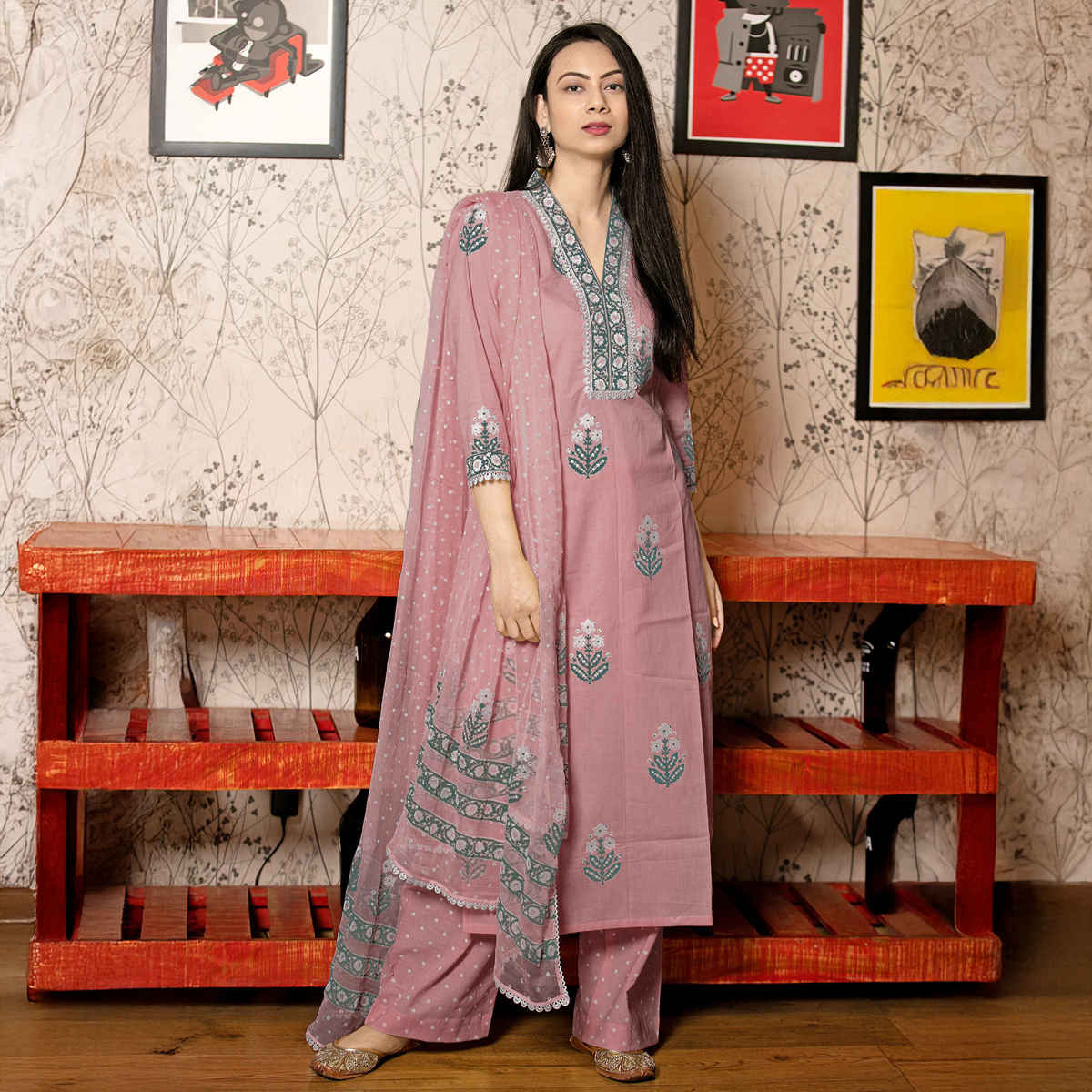 GoSriKi Women's Rayon Blend Straight Printed Kurta with Pant & Dupatta | BELAGAVI | Purple - XL