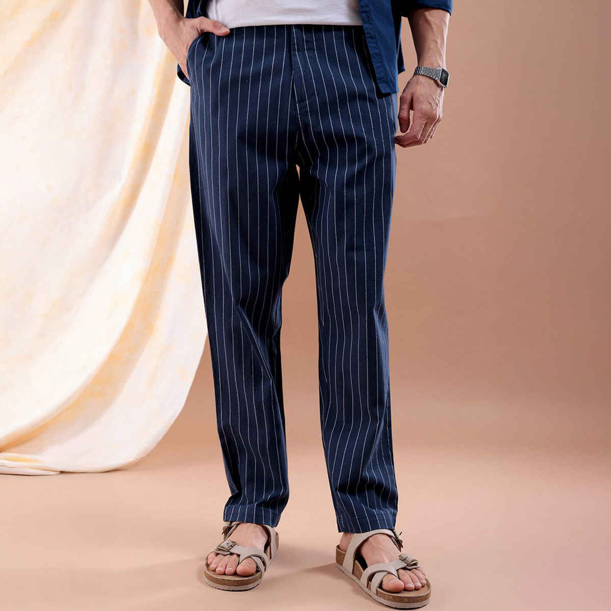 The Indian Garage Co Men Street Tapered Navy Vertical Stripes Trousers - 32 | 1223-Tlrlxtr1-03