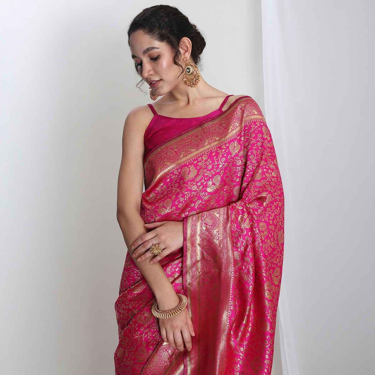 Janasya Women's Silk Blend Floral Woven Design Jacquard Saree with Blouse Piece | SAR654 | Pink