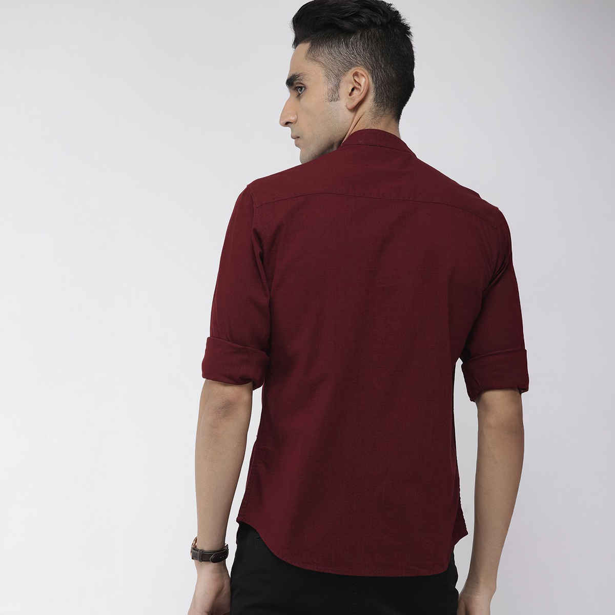 The Indian Garage Co Men's Slim Fit Solid Casual Half Sleeve Shirt | Maroon - M