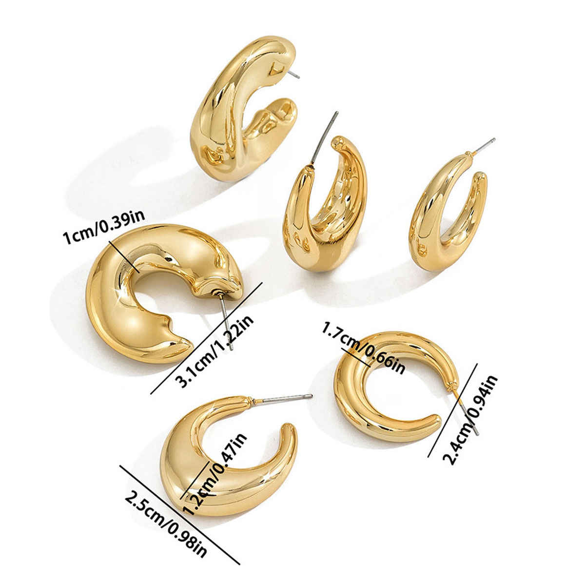 Jewels Galaxy Gold Plated Set Of 3 Pairs Of Half Hoop Earrings (1 Pack 6 Earrings)