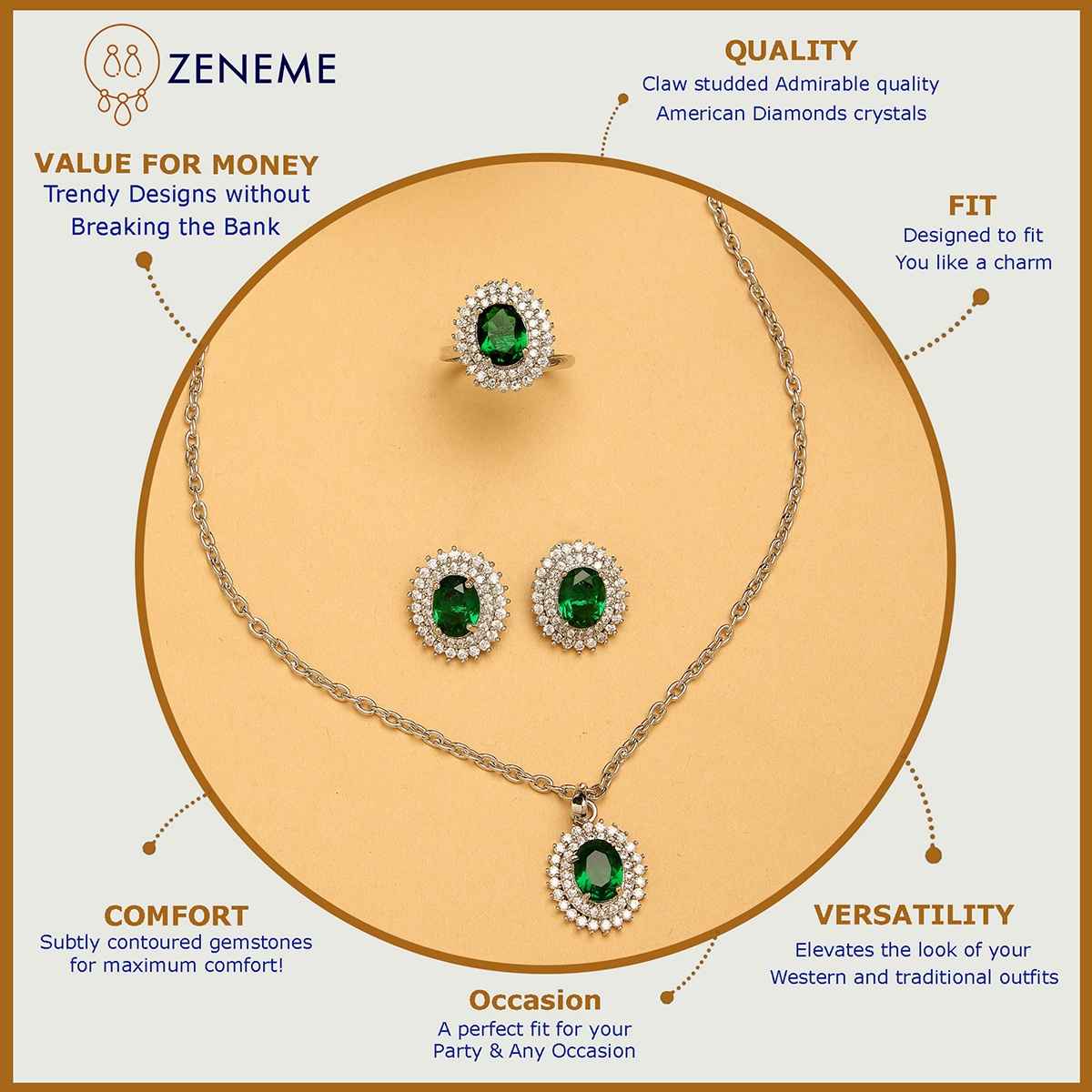 Zeneme Rhodium-Plated Green AD-CZ Oval Halo Necklace Earrings Ring For Women & Girls
