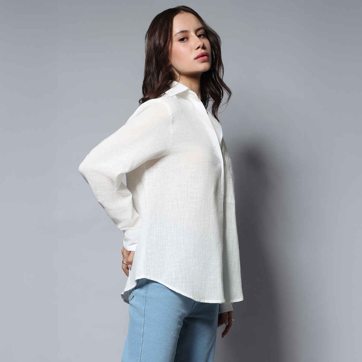 High Star Women's Solid Long Sleeves Oversized Casual Shirt | White - L