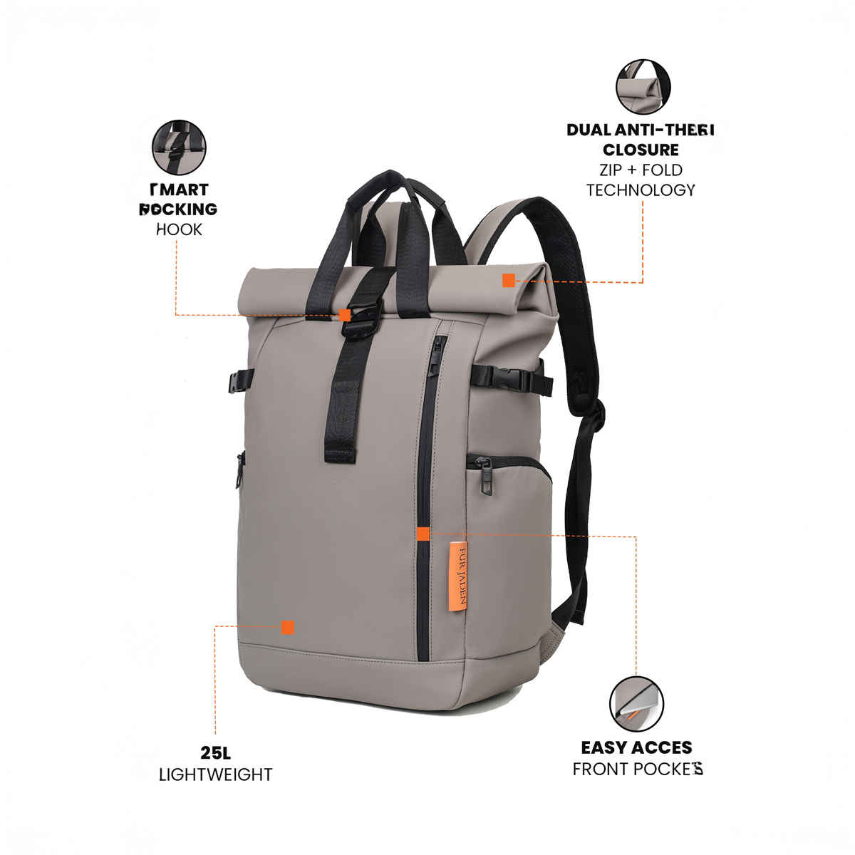 Fur Jaden 24 L Grey Vegan Leather Rolltop Laptop Backpack with Anti-Theft Compartment