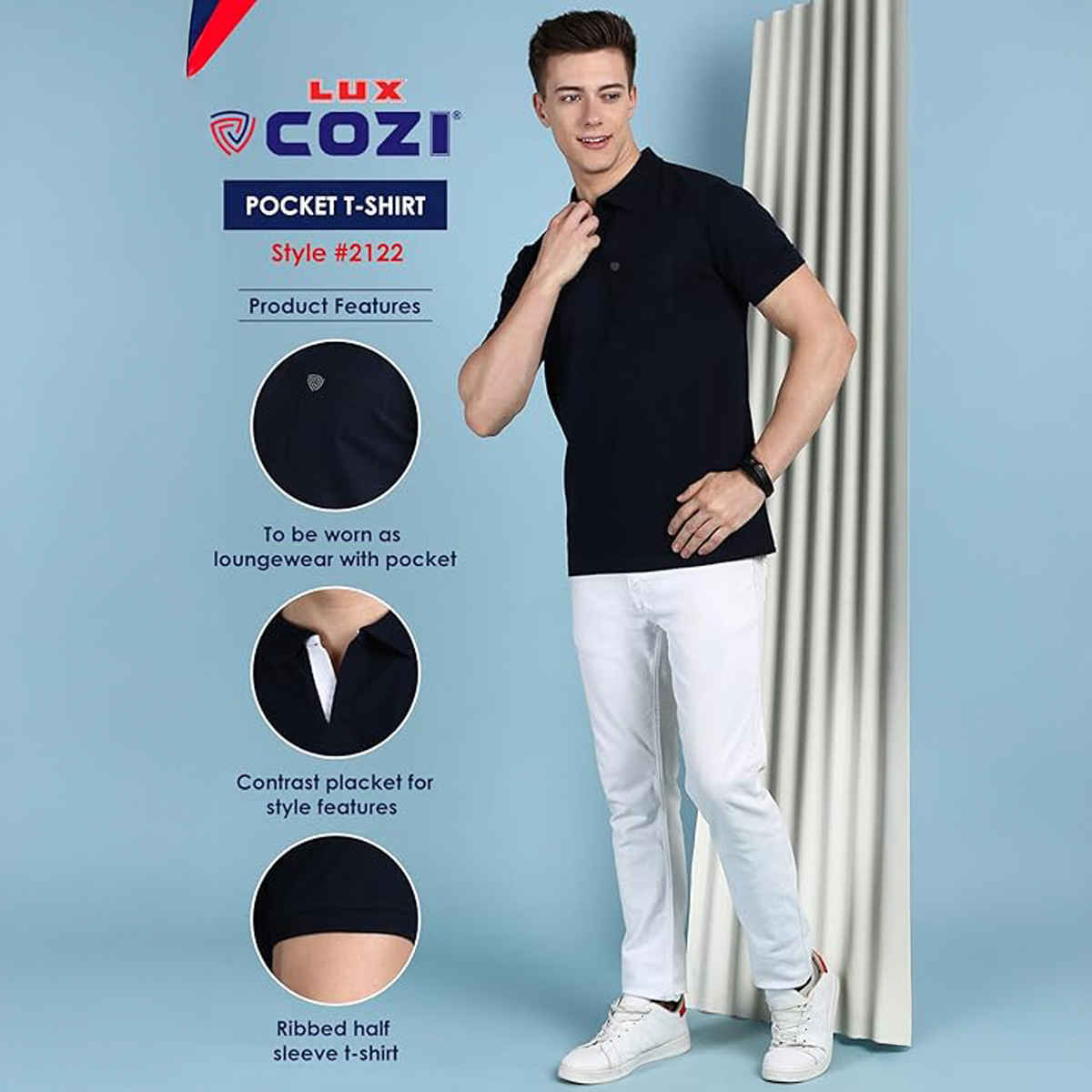 Lux Cozi Solid Cotton Polo T-shirt with Pocket for Men | Navy | Size - XL