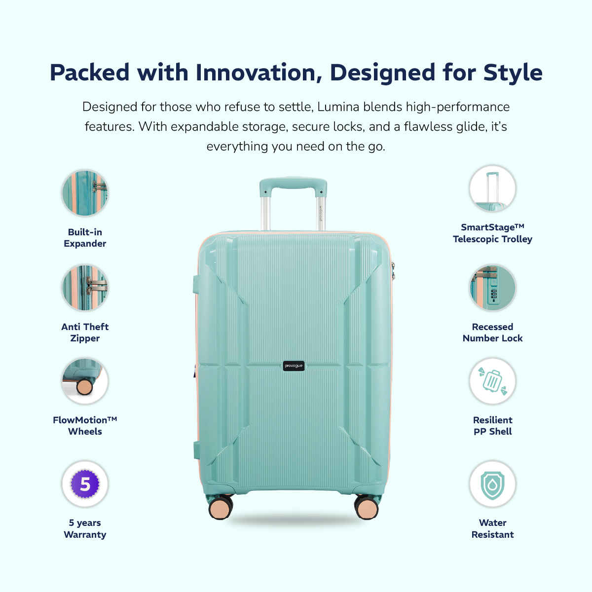 Provogue Lumina Hard-Sided PP Medium Check-in Luggage Trolley Bag | Turquoise Blue - 65 cm