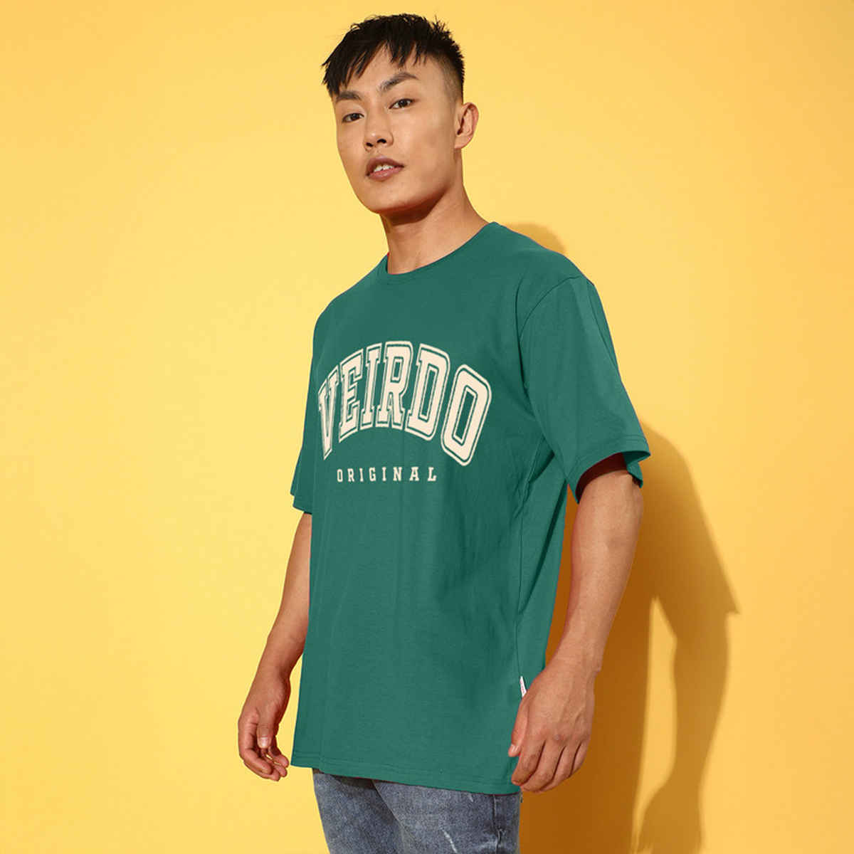 Veirdo Pure Cotton Oversized Fit Round Neck Green Printed T-Shirt For Men - XL