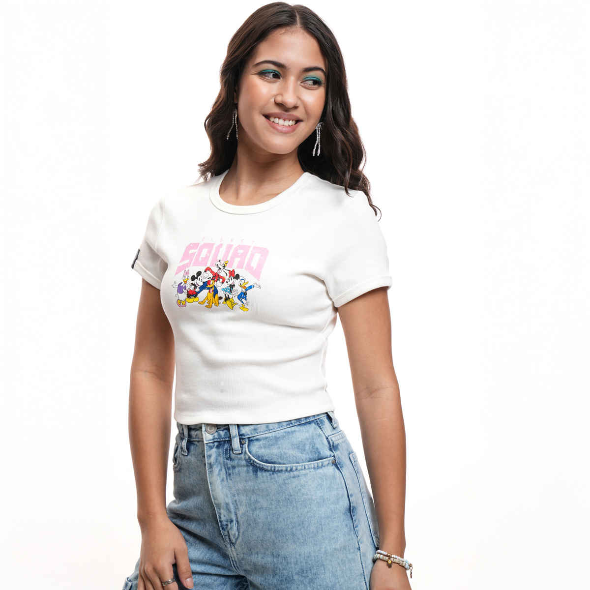 Tokyo Talkies Disney Women's Mickey & Friends Printed Crop T-shirt | White - XL
