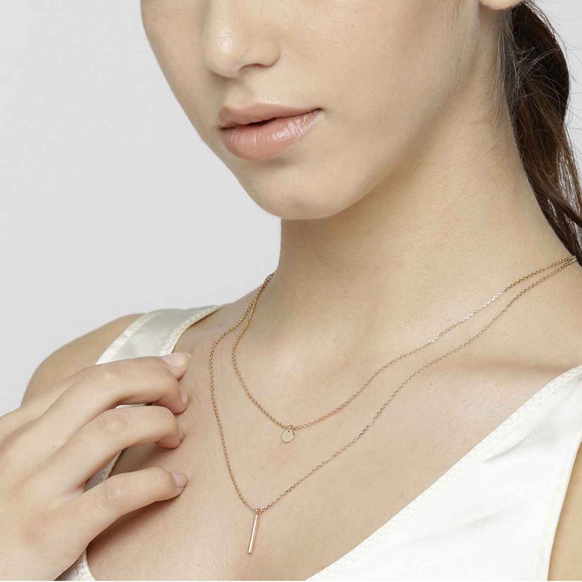 Carlton London 18kt Rose Gold Plated Dangling Bar Double Chain Layered Necklace | B523814N