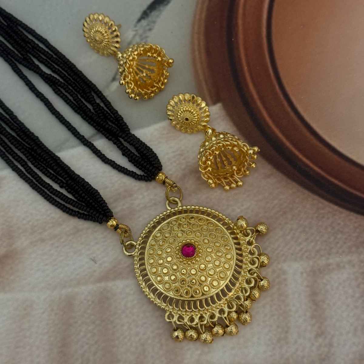 The Opal Factory Mangalsutra Black Beads with Jhumki Earrings and Round Kundan Pendant | Gold