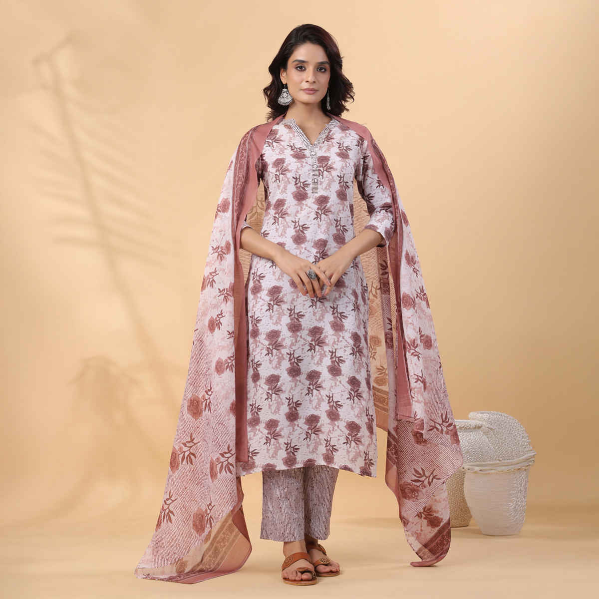 Janasya Women's Cotton Blend Floral Printed Straight Kurta Set | White - XL