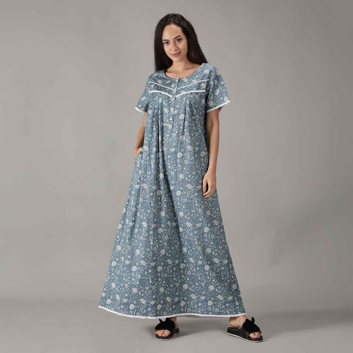 NIHSAMAH Women's Premium Frills & Laces Nighty | Full Length | Greyish - 2XL