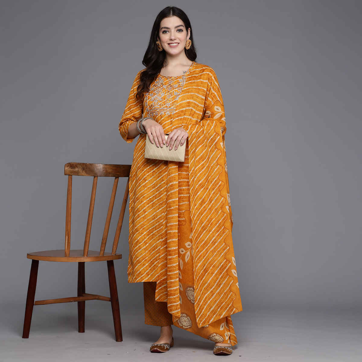 INDO ERA Women's Printed Straight Kurta Trousers with Dupatta Set | Mustard - XL