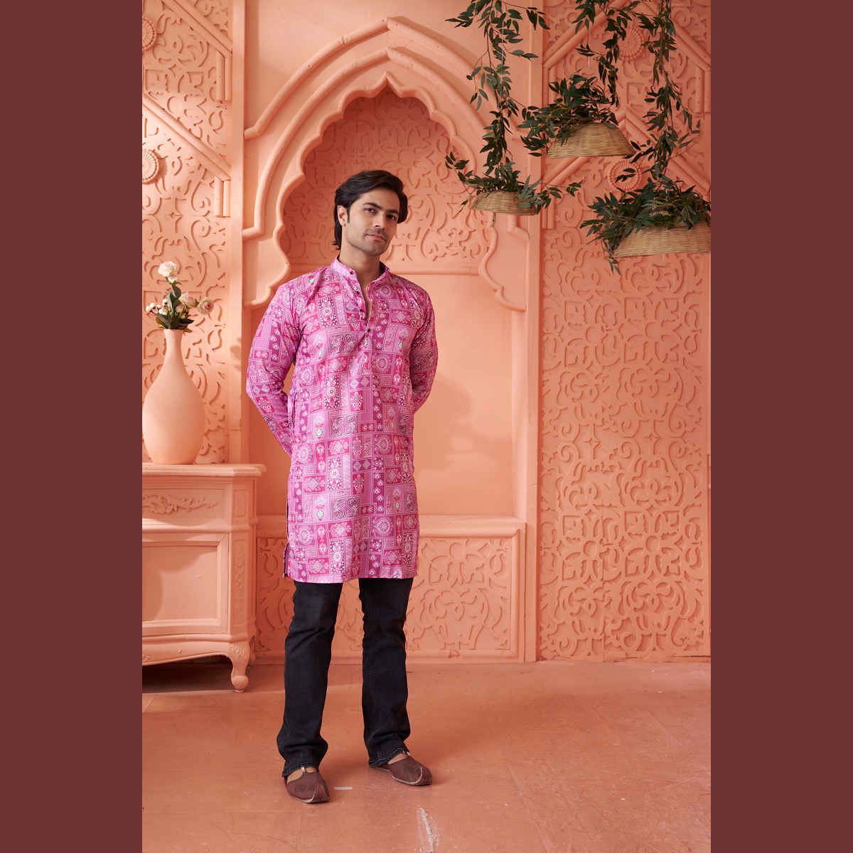 House Of Festivals Men's Printed Cotton Blend Long Kurta | Purple - XL