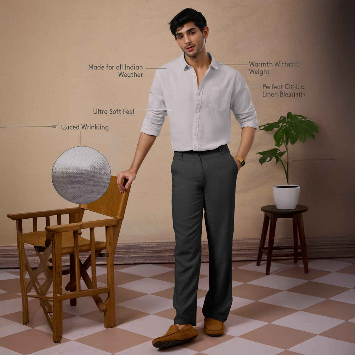 The Souled Store Men's Regular Cotton Linen- Cloud Grey Cotton Linen Shirts| S