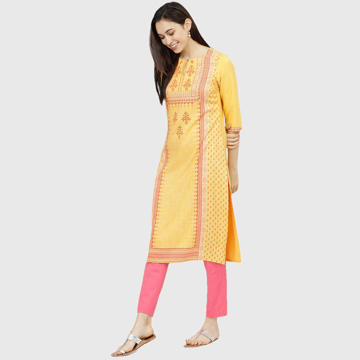 Ketch Women Ethnic Motifs Printed Keyhole Neck Kurta | Pink and Yellow | L