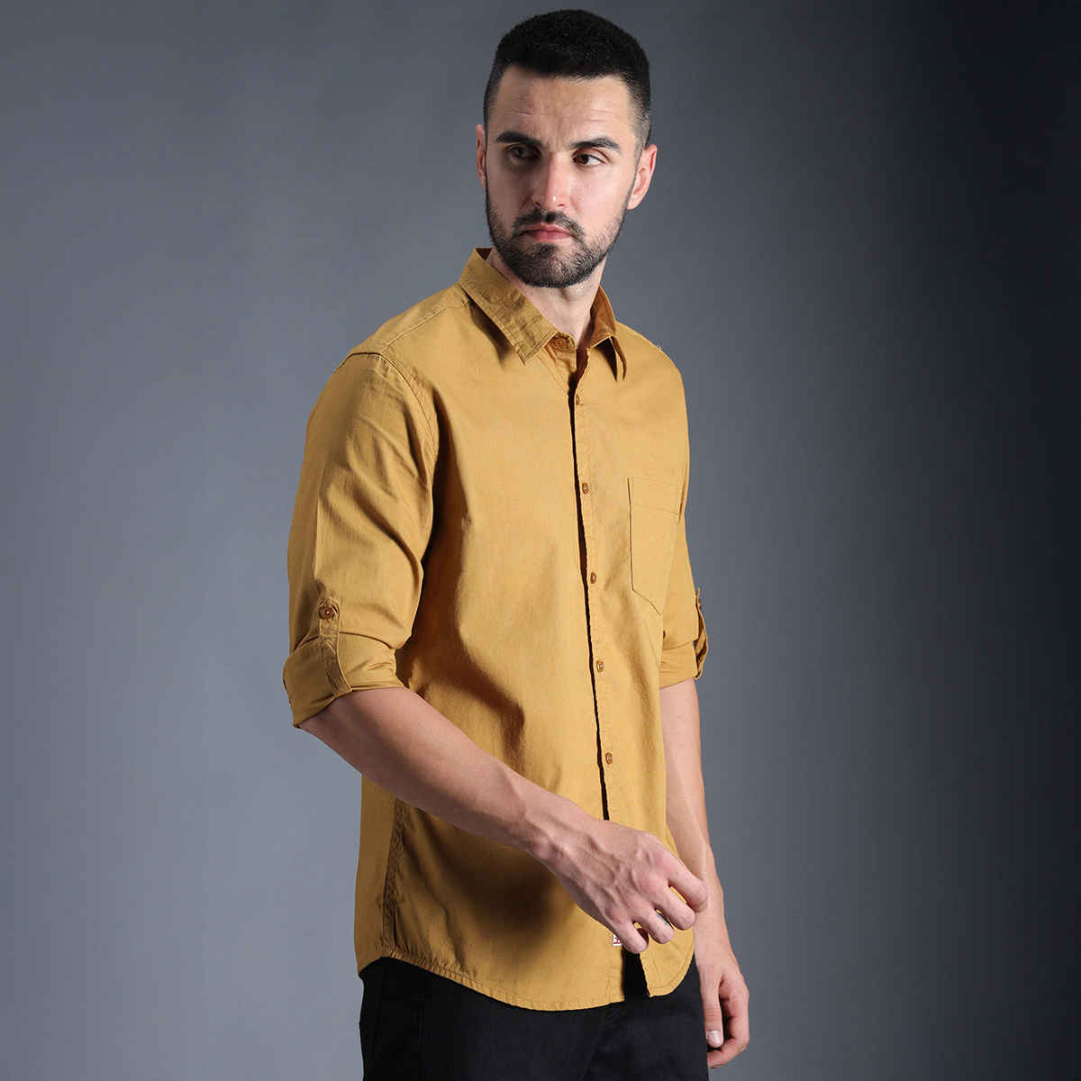 High Star Men's Roll Up Sleeves Pure Cotton Casual Shirt | Mustard - 42