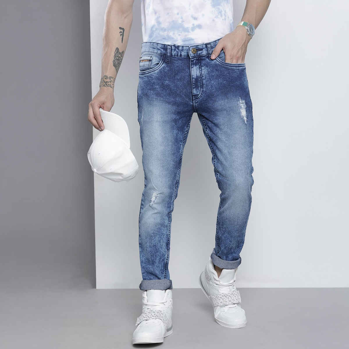 The Indian Garage Co Men's Slim Fit Solid Casual Jeans | Blue - 36