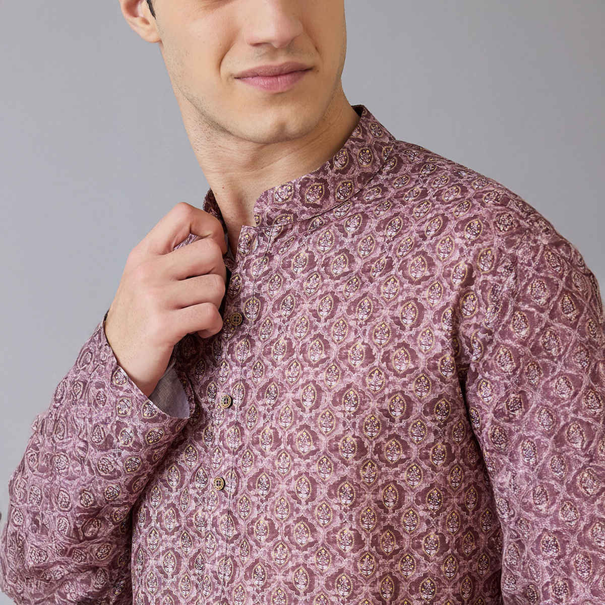 Ethnix by Raymond Men Regular Fit Poly Viscose Blend Full Sleeve Stand Collar Kurta | Purple - 2XL