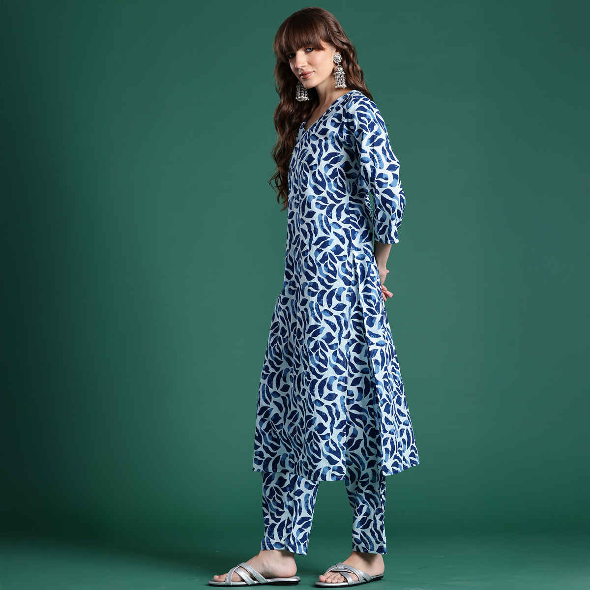 INDO ERA Women's Printed Straight Kurta Trouser Set | Blue - S