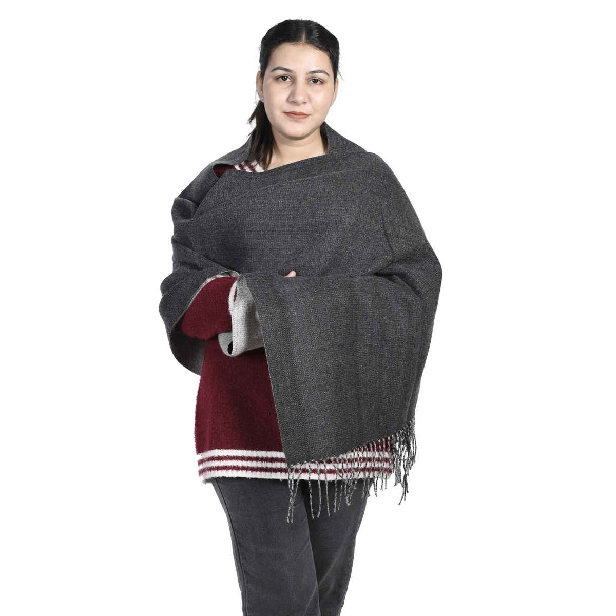 Calvadoss Women's Reversible Solid Stole With Fringed Border | Stl1545 | Black