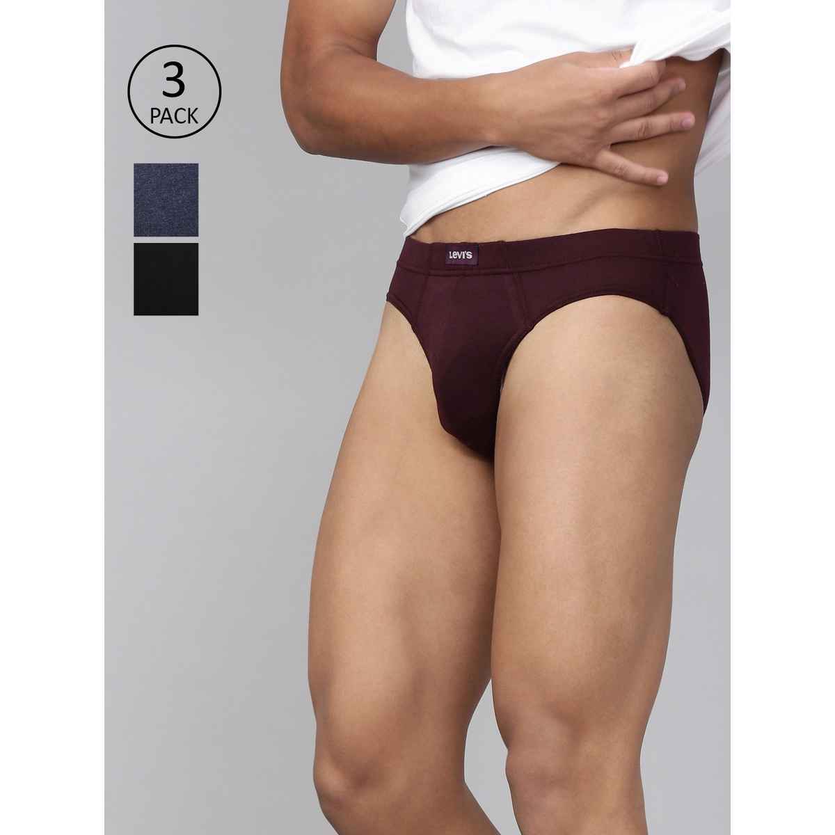 Levi's 011 Men's Comfort Brief | Contoured Double Pouch | Pack of 3 | Black,Navy Mel,Wine | S