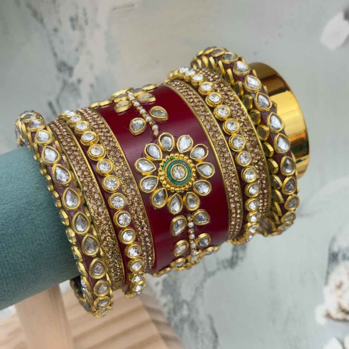 The Opal Factory Designer Kundan & Diamante Chuda | Red - Size 2.6