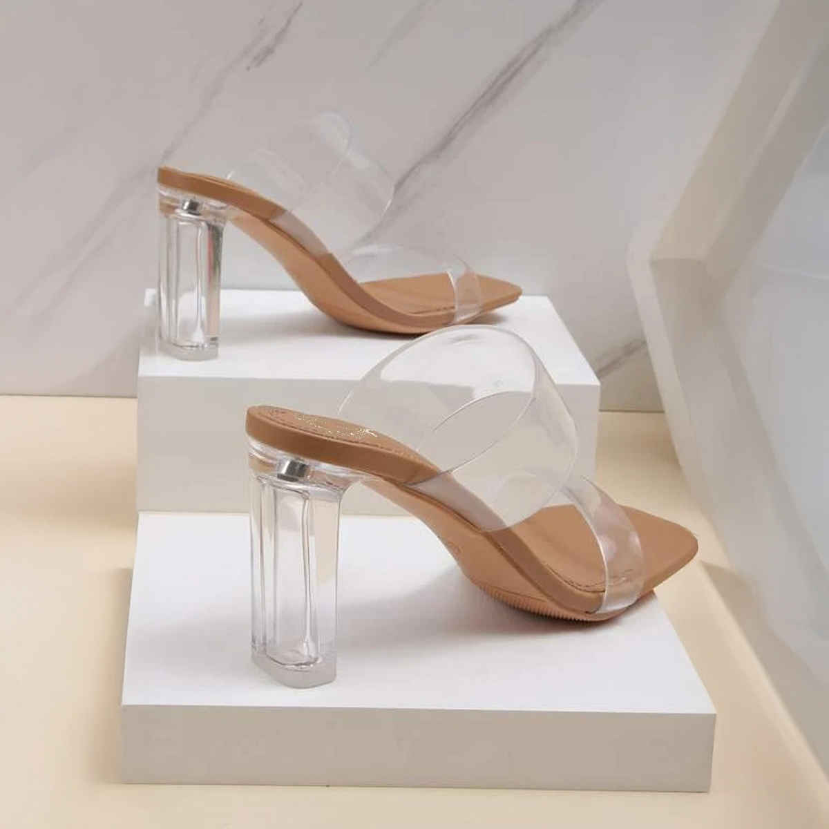 Shoetopia Stylish Trasparent Detailed Beige Block Heels For Women | UK 8
