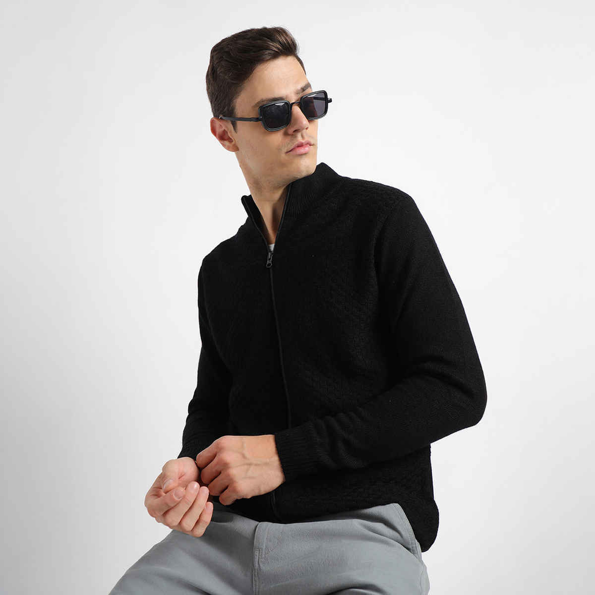 Dennis Lingo Men's Mock Neck Regular Fit Solid Sweater | Black | M