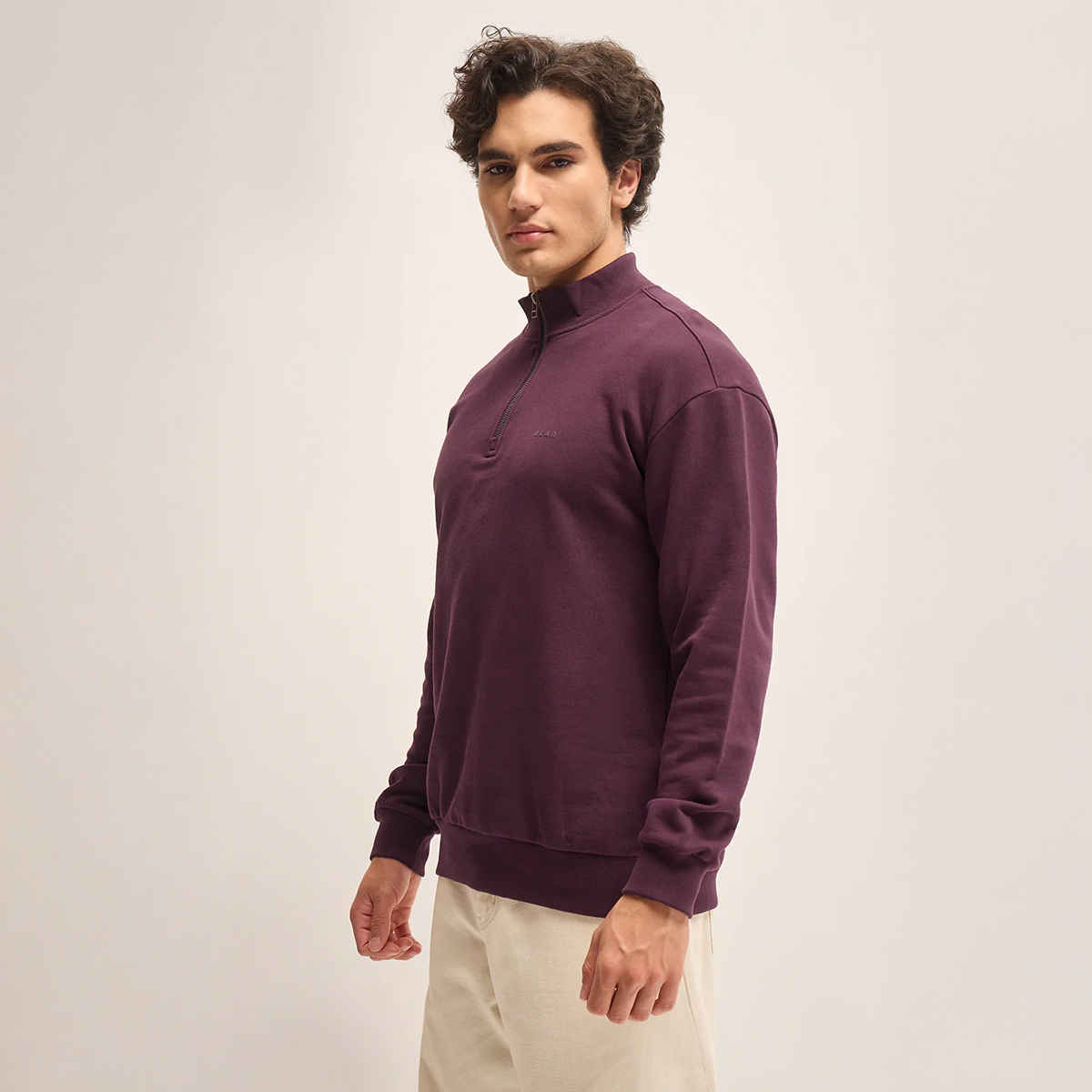 The Bear House Men's Solid Relaxed Fit High Neck Sweatshirt | Plum - M