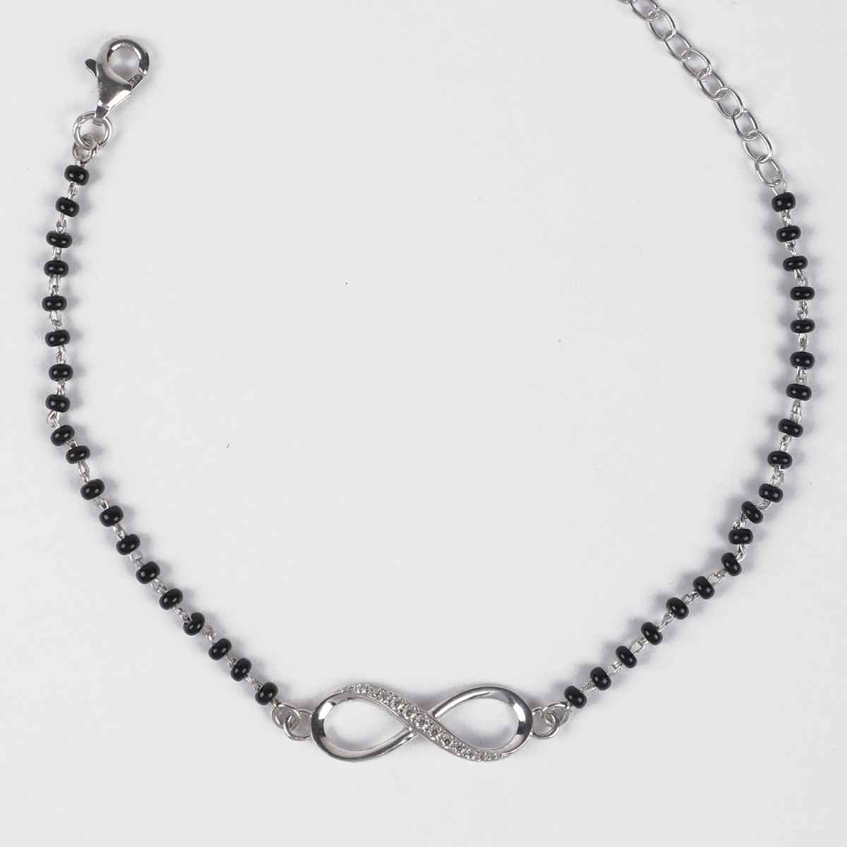 Clara Womens 925 Sterling Silver Infinity Hand Mangalsutra Bracelet | Black Beads | Rhodium Plated