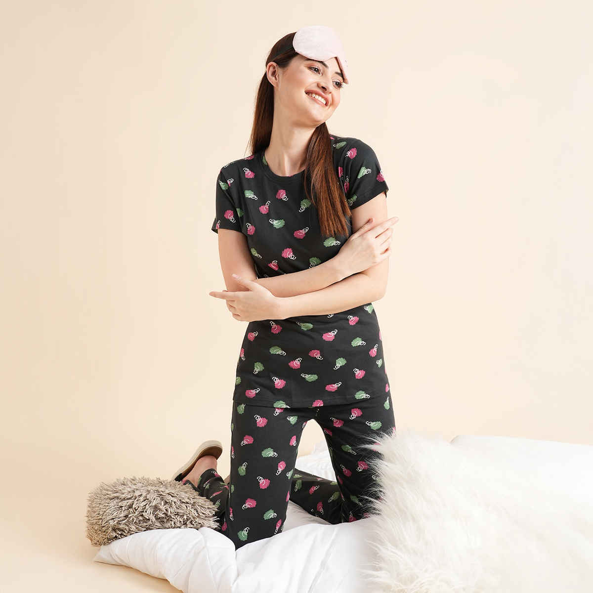 Sweet Dreams Women Printed Half Sleeves Top & Bottom Set Dark Green - XL