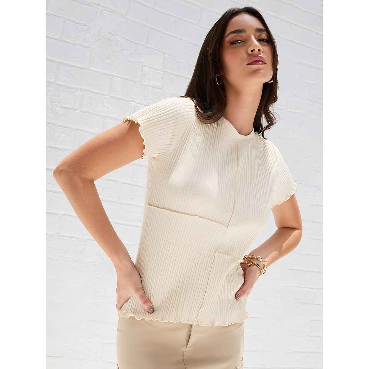 Styli Women's Regular Fit Ribbed T-shirt with Exposed Seam Detail | Beige - L