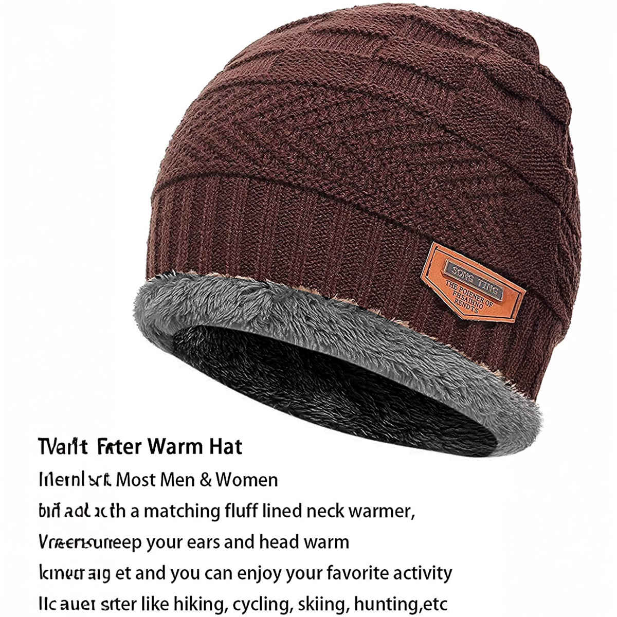 Infispace Unisex Fur Fleece Lined Beanie Knitted Cap with Neck Warmer | Brown