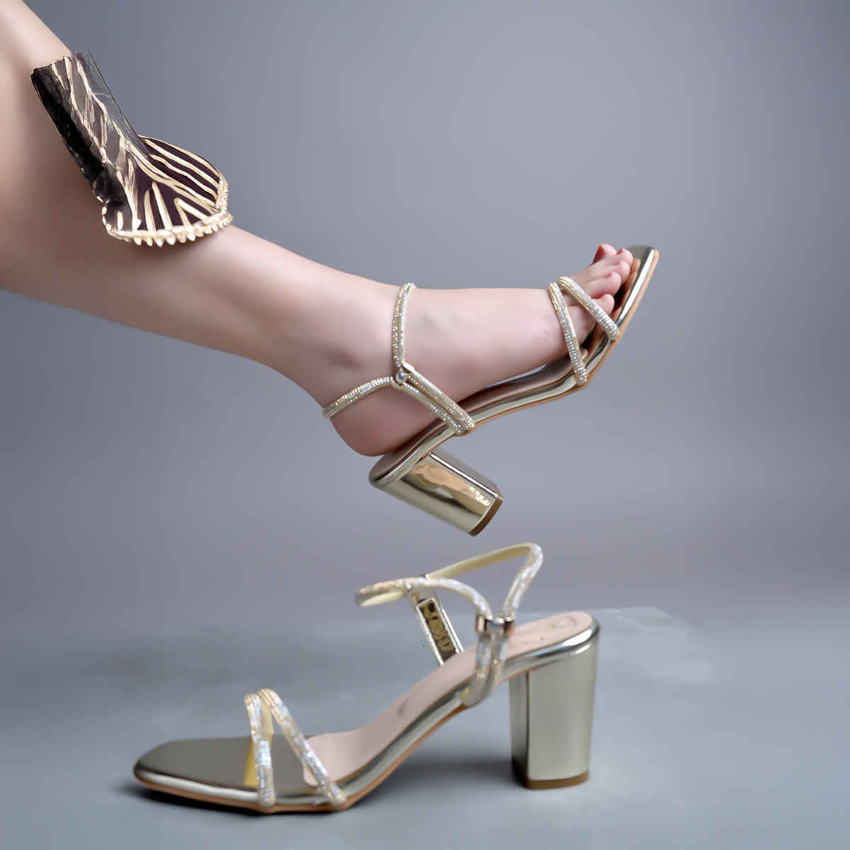 Shoetopia Women's Embellished Rhinestones Strap Heels | Heel-1246 | Golden - UK 6