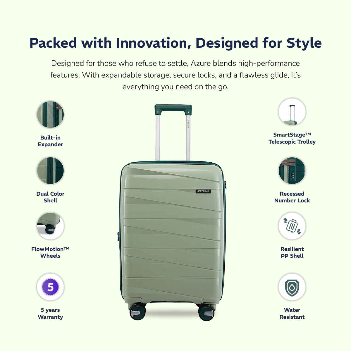 Provogue Azure Hard-Sided PP Medium Check-in Luggage Trolley Bag | Laurel-Hunter Green - 65 cm